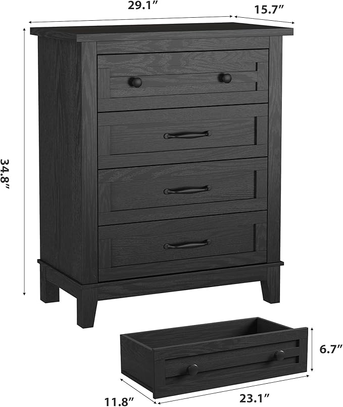 GarveeHome 4 Dresser for Bedroom, 34.8 in Tall Vertical Drawer Dresser with Large Storage, Freestanding Wooden Closet Chest for Bedroom, Living Room, Black