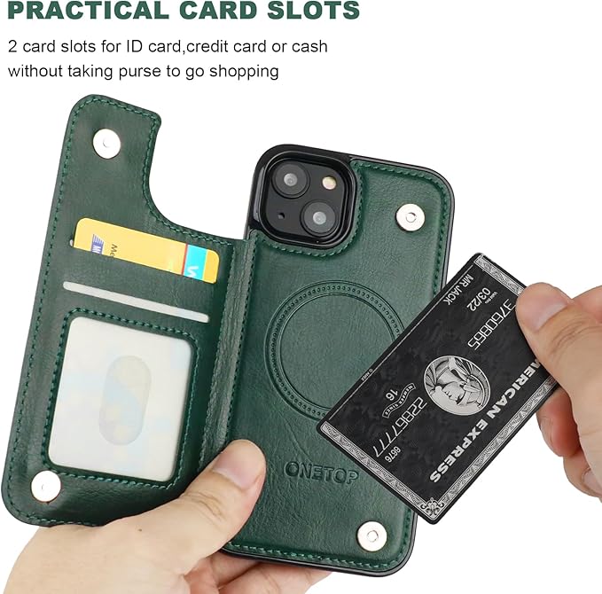 ONETOP Compatible with Magsafe for iPhone 13 Wallet Case with Card Holder, PU Leather Kickstand RFID Blocking Case, Double Magnetic Clasp and Durable Shockproof Cover 6.1 Inch (Green)