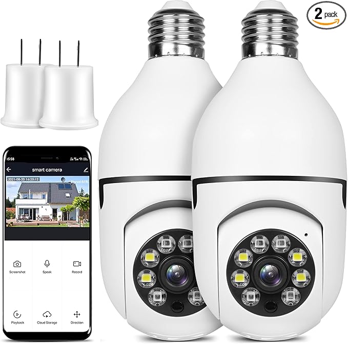 Light Bulb Security Camera Wireless Outdoor Indoor 2.4G WiFi Security Cameras for Home Security 360° PTZ Camera Motion Detection and Alarm Two-Way Audio Based E27 Light Bulb Socket