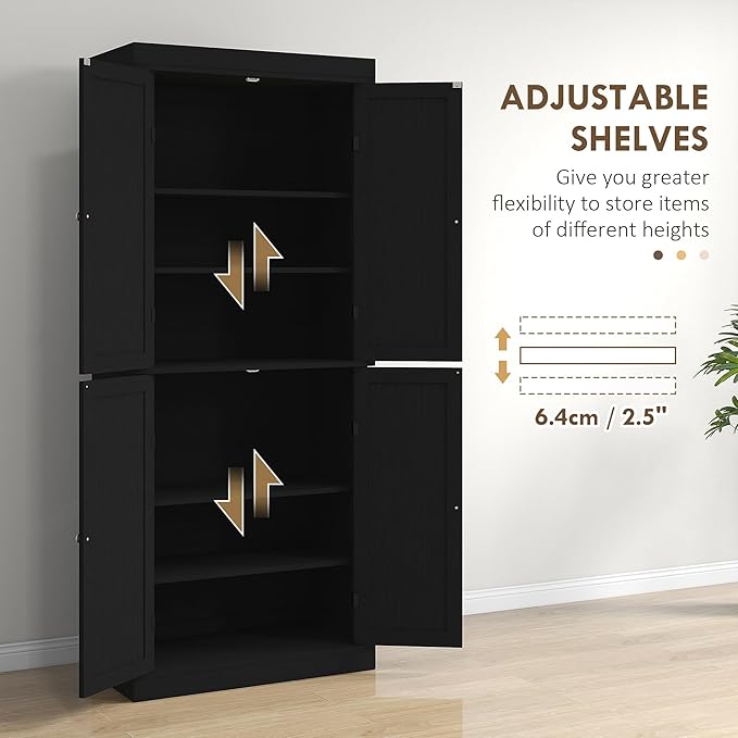 HOMCOM 72.5" Freestanding Kitchen Pantry Cabinet, Tall Storage Cabinet with 4 Doors and 2 Adjustable Shelves for Dining Room, Black Wood Grain
