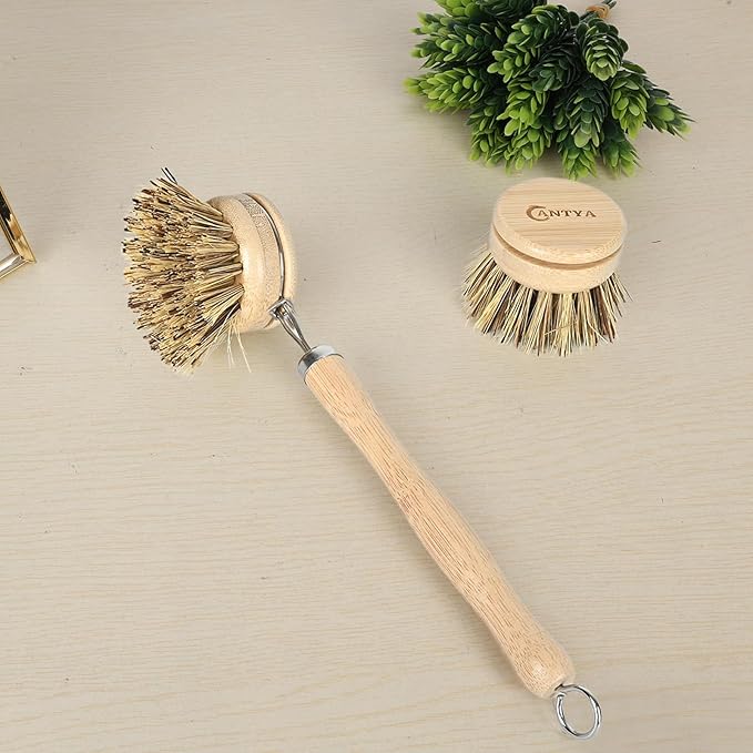 Bamboo Dish Scrubber 4 Replacement Heads, Natural Dish Scrub Brush Sustainable & Biodegradable, Bamboo Dish Brush with Handle for Cleaning Cast Iron Pan/Pot(Hard Bristles)