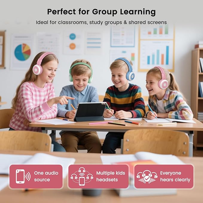 SIMOLIO Kids Bluetooth Headphones with Auracast Audio Sharing for Group Listening - Stream from One Bluetooth Device to Multiple Headphones, Foldable with Mic for School, Travel & Online Learning