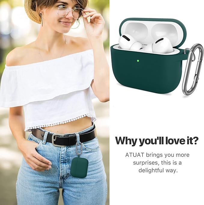 ATUAT for AirPods Pro 3 Case Cover with Cleaner, Protective Soft Silicone Skin with Keychain for Women Men for Apple AirPods Pro 3rd Generation Case(2025), Front LED Visible, Dark Green