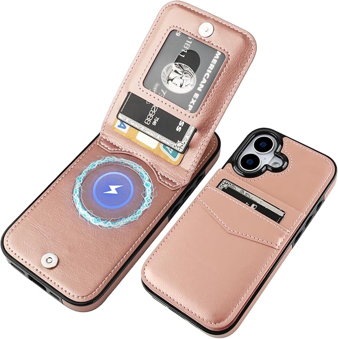 KIHUWEY for iPhone 17 Case Wallet Compatible with MagSafe Wireless Charging, Credit Card Holder, RFID Flip Leather Magnetic Clasp Kickstand Heavy Duty Protective Cover 6.3 Inch (Rose Gold)
