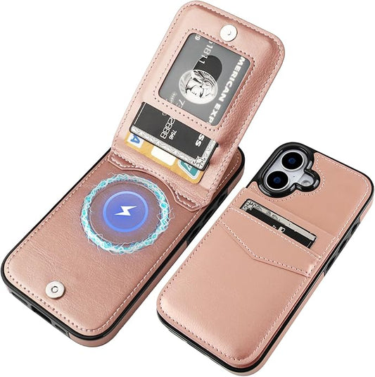 KIHUWEY for iPhone 17 Case Wallet Compatible with MagSafe Wireless Charging, Credit Card Holder, RFID Flip Leather Magnetic Clasp Kickstand Heavy Duty Protective Cover 6.3 Inch (Rose Gold)