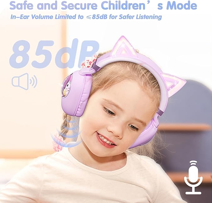 esonstyle Cat Ear Headphones for Kids - Bluetooth 5.4 On-Ear Noise Cancelling Headphones with Microphone 85dB Safe Volume Limit Wireless or 3.5mm Wired Mode USB C for School Learning Travel (Purple)