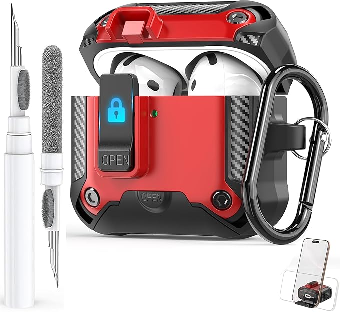 for Airpods 4 Case with Phone Stand&Lock Clip, Rugged Apple Airpods 4th Generation Cover 2024 Men Women, Armor Shockproof iPod 4 Gen Protective Hard Shell with Carabiner&Cleaner kit, Black/Red