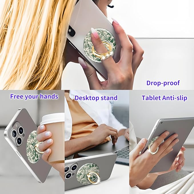 Magnetic Phone Ring Holder Compatible with MagSafe, Cute Phone Grip Stand with 360° Rotation Gold Glitter Finger Ring Kickstand Accessories for Most Phones Cute Green Flower