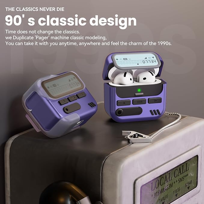 (with Safety Lock) Pager Cases for AirPods 4 Case Cover 2024 with Cleaner Kit,Sturdy Hard PC Protective for Apple AirPods 4th Generation Case for Men Women,AirPods 4 Accessories with Keychain-Purple