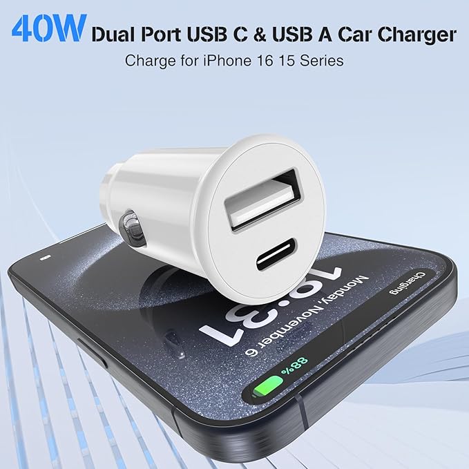 USB C Car Charger for iPhone 17 16 15 Pro Max,40W Dual Port USB-C & USB-A Car Fast Charging Adapter, 2X6FT C to C Cable & A to C Carplay Cable for iPhone 17 16 15 Series/iPhone Air,iPad,Samsung-Purple