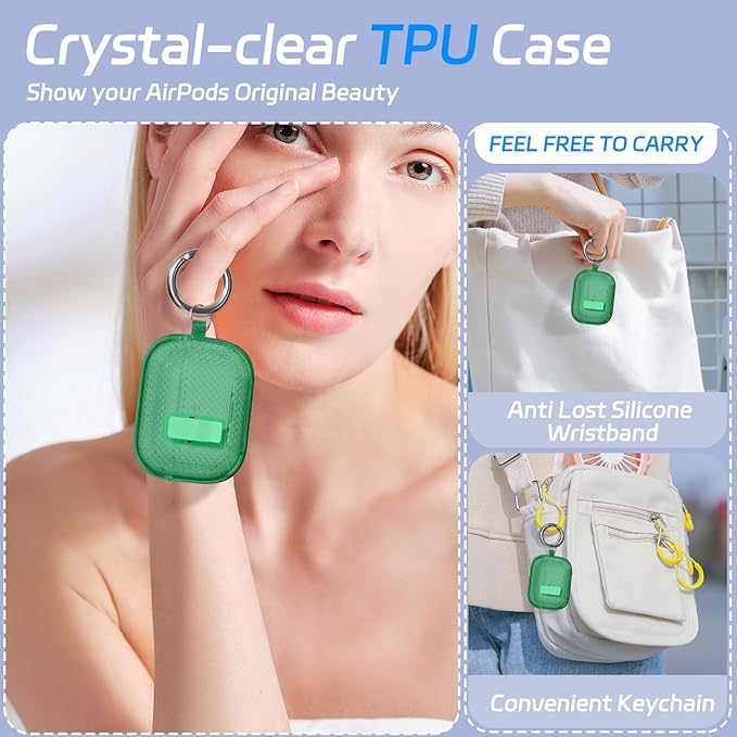 for AirPods Pro 2 Case with Phone Stand & Secure Lock, Auto-Open Clear Cover Compatible with Apple AirPods Pro 2nd/1st Gen (2023,2022,2019) with Cleaning Kit & Keychain (W-Green)