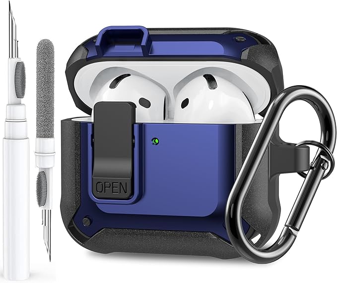 for Airpods 4 Case with Lock Clid, Rugged Apple Airpods 4th Generation Cover 2024 Men Women, Armor Shockproof iPod 4 Gen Protective Hard Shell with Carabiner&Cleaner kit, Black/Blue
