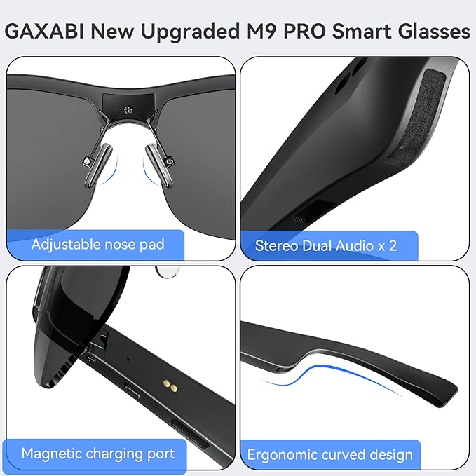 Smart Glasses, Polarized Bluetooth Sunglasses, Built-in Mic & Speakers, Voice Assistant, UV Protection, Bluetooth Glasses for Office, Driving, Cycling Outdoor Sports (M9 Pro-Black Lens)