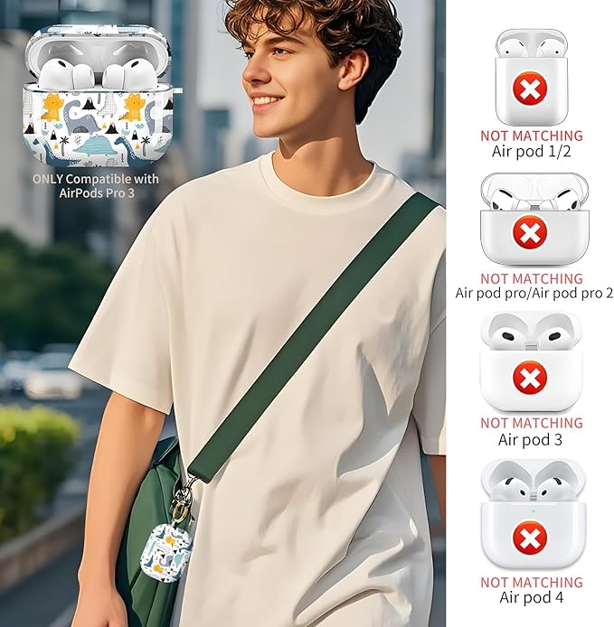 Compatible with AirPods Pro 3 Case 2025 for Women Girls – Cute Shockproof Protective Cover with Gold Round Buckle, Anti-Drop Soft Case for AirPod Pro 3rd Gen (Cartoon Dinosaurs)