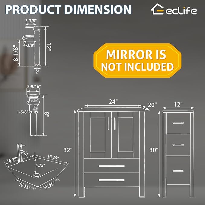 eclife 48" Modern Bathroom Vanity Sink Combo Freestanding Cabinet with Small Side Cabinet, White Square Ceramic Vessel Sink, Water Save Faucet, Drain (White+A07)