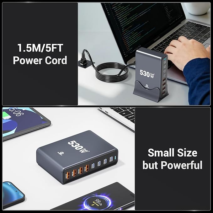 530W USB C Charging Station, 8-Port Desktop Charger, PD 140W PD 65W QC 30W GaN Ⅲ Fast USB Charger Block for MacBook, Ipad, iPhone, Samsung