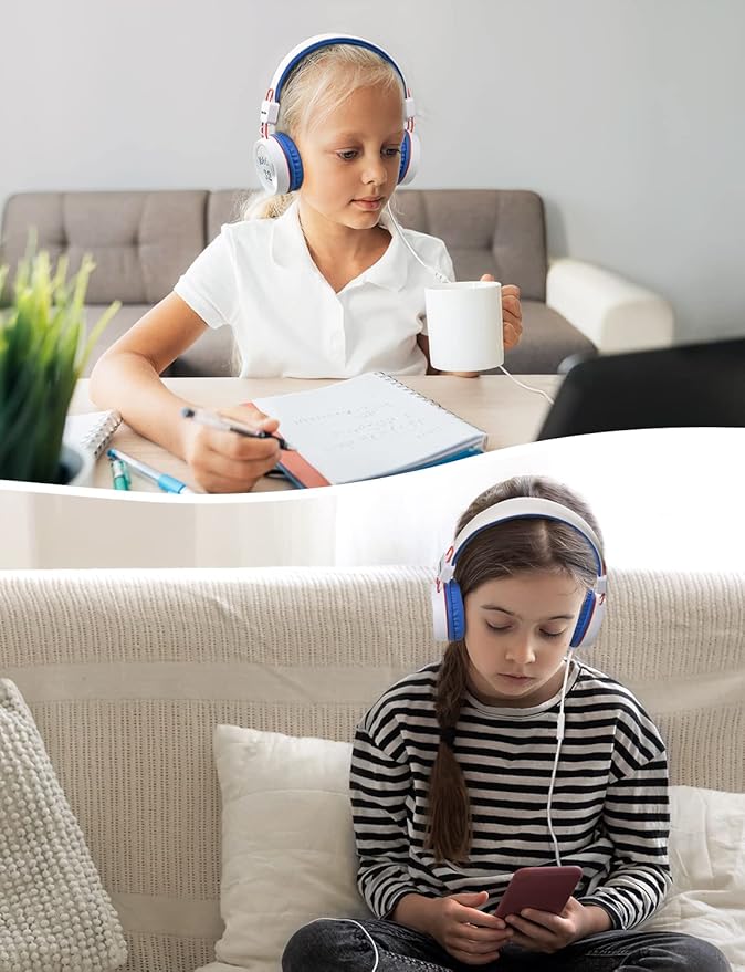 New Bee Kids Headphones for School with Microphone KH20 HD Stereo Safe Volume Limited 85dB/94dB Foldable Lightweight On-Ear Headphone for PC/Mac/Android/Kindle/Tablet/Pad (White)