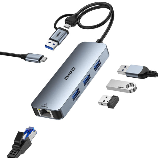 BENFEI USB-C to Gigabit Ethernet Adapter with 3-Port USB 3.0 Hub, RJ45 Network Adapter Compatible with MacBook Pro/Air, iPad Pro, iMac, Galaxy S23, XPS 17, Surface Book 3