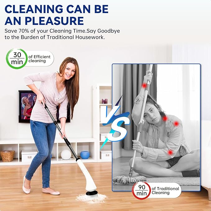 Electric Spin Scrubber,Cordless Bathroom Cleaning Brush with Replaceable Heads & Adjustable Extension Long Handle,Dual Speeds Power Shower Scrubber for Tile,Bathtub,Floor,Kitchen (White)