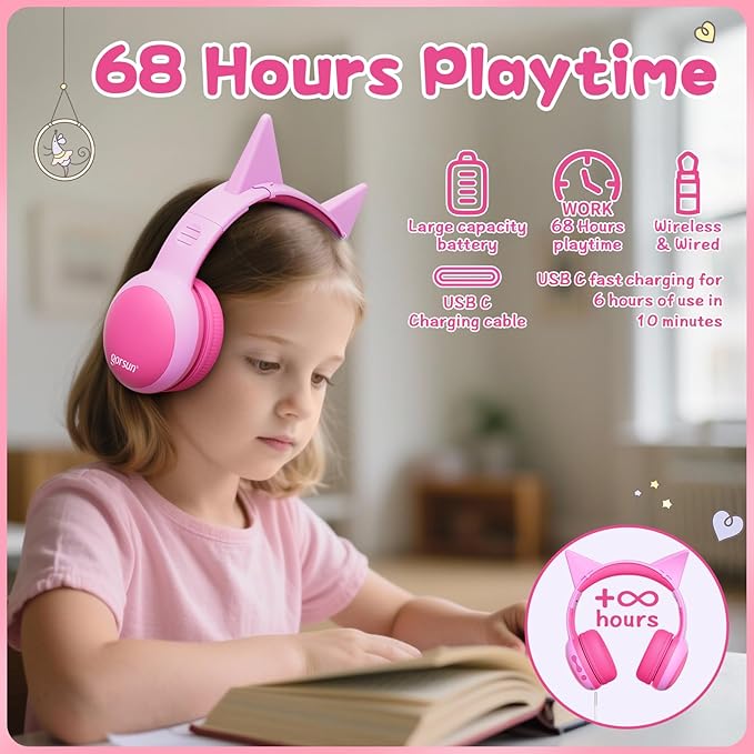 gorsun Kids Bluetooth Headphones, Over-Ear Toddler Headphones with Microphone, 85dB/94dB Volume Limited, 68H Playtime, Bluetooth 6.0, Portable Kids Wireless Headset with Cat Ears (Pink)