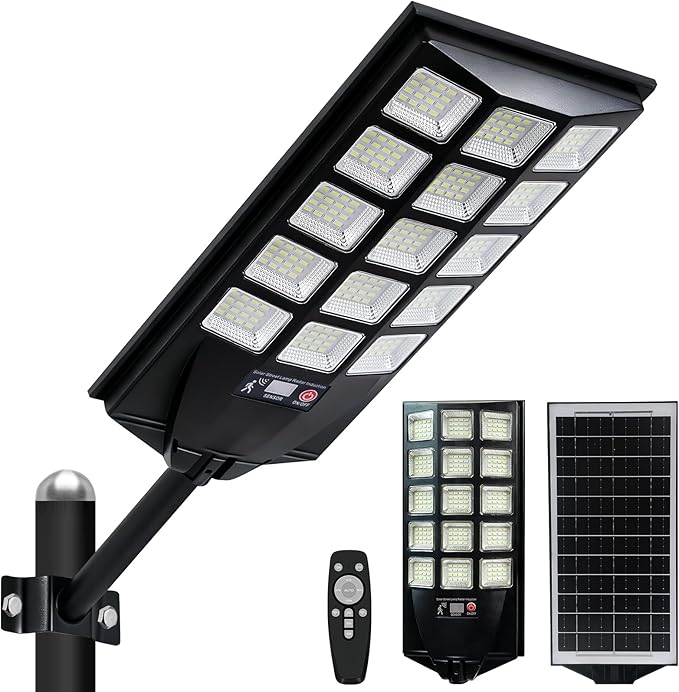 Jercoda 1 Pack Solar Street Lights Outdoor, 6500K LED Flood Lights with Motion Sensor, Dusk to Dawn Security Lights with Remote Control, Waterproof Solar Powered Lighting for Garden Yard Parking Lot