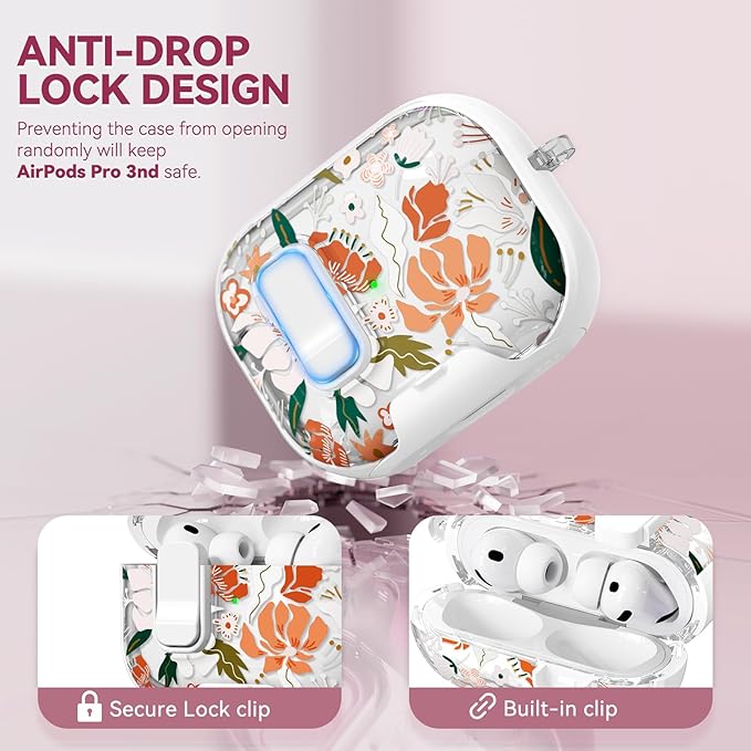 with Safety Lock for AirPods Pro 3 Case 2025,Clear Floral Cute Airpods Pro 3rd Generation Case with Phone Stand & Cleaner Kit for Apple AirPods Pro 3 for Women Girly-Orange Flower