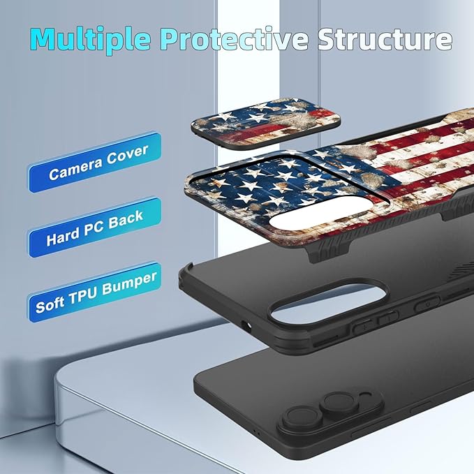for Galaxy S25 Edge Case Built in Slide Camera Lens Cover,Heavy Duty Shockproof Protection Dual Layer Case for Samsung Galaxy S25 Edge 2025,Rustic American Flag