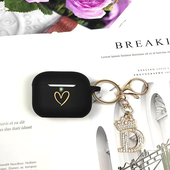 Compatible with AirPods Pro 3 Case Cover (2025), Soft Silicone Case with Gold Heart Pattern for AirPods Pro 3rd Generation Case with Rhinestone Studded Letter A-Z Keychain (D Black)