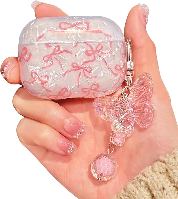 Compatible with AirPods Pro 2 Case Cute, Shell Pattern Shockproof Protective Cover for Girls Women with Butterfly Keychain Designed for AirPod Pro 1st / 2nd Generation, Pink Bow