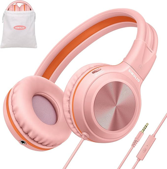 SIMOLIO Wired Headphones with Mic & Volume Limited, Noise Isolating Kids Plug in Headphones for Girls, Laptop, Tablet, w/Share Port and Portable Pouch (Pink)