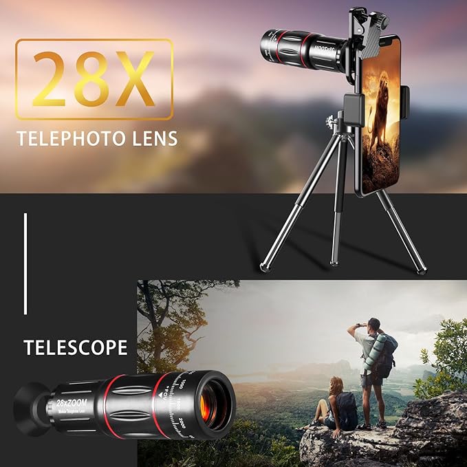 High Power 28x HD Phone Telephoto Lens Cell Phone Camera Lens Kit 198 Degree Ultra Wide Angle Fisheye Lens