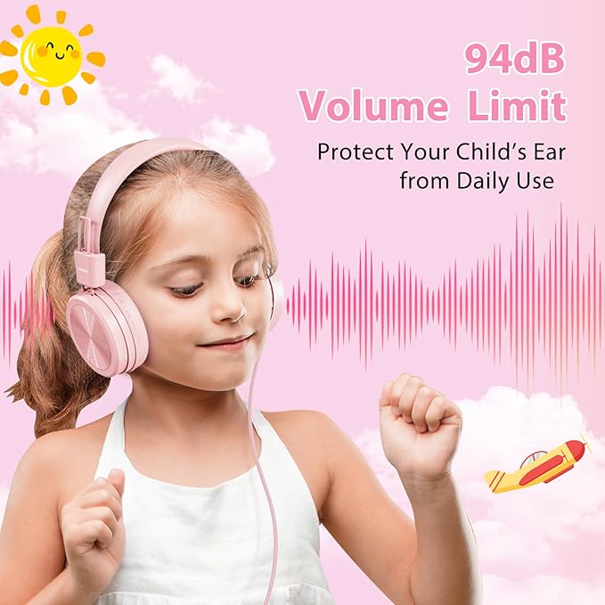 USB Type C Kids Headphones for School, 94dB Volume Limited, Kids Headphones with USB C Cord, HD Stereo Sound, Foldable Lightweight On-Ear USB-C Wired Headphones for Boys/Girls, Light Pink