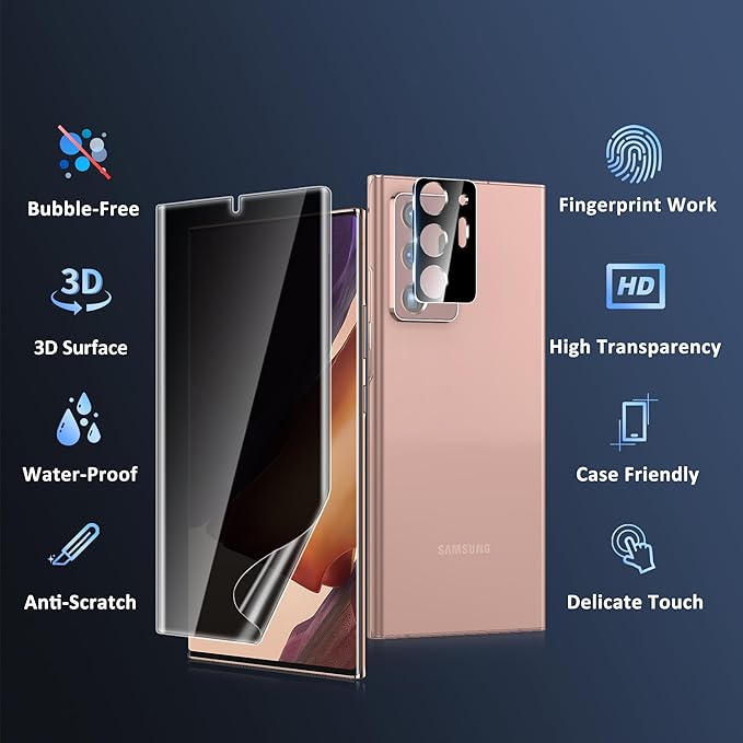 2 Pack for Samsung Galaxy Note 20 Ultra Privacy Screen Protector [Not Glass], 2 Pack Lens Protectors, Fingerprint Compatible, Anti Spy, Privacy Screen Protector for Note 20 Ultra 5G