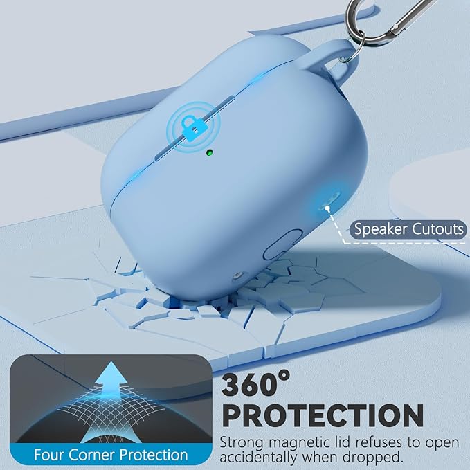 Ljusmicker for AirPod Pro Case Cover with Cleaner Kit,Soft Silicone Protective Case for Apple AirPods Pro 2nd/1st Generation for Women Men,AirPod Pro Case with Magnetic Lid Lock & Keychain-Pure Blue
