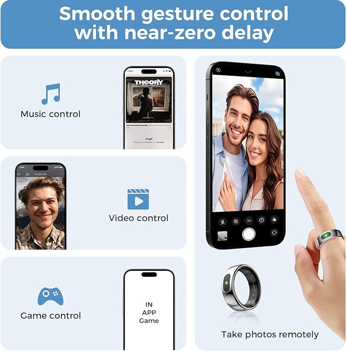 Smart Ring with Instant Notification Alerts & Gesture Control - Sleep Tracker Ring, Fitness Ring for Steps & Heart Rate, IP68 Waterproof (Silver, 8)