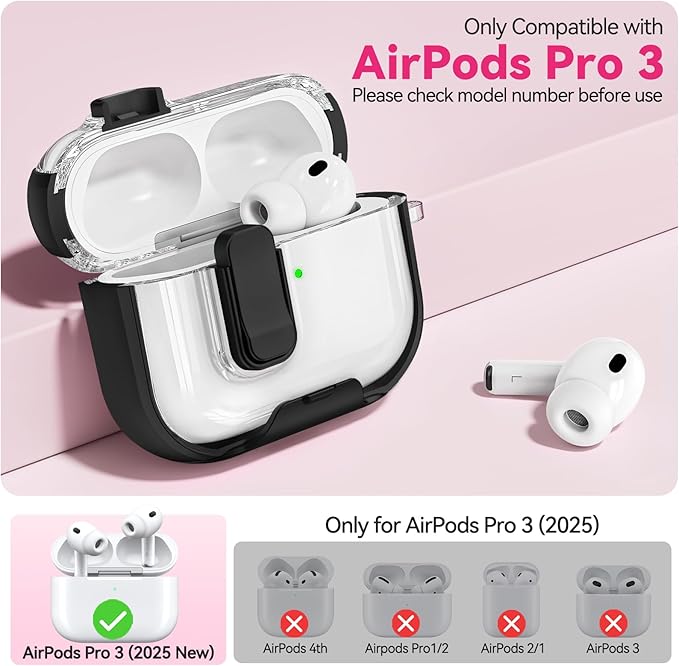 for Airpods Pro 3 Case 2025, Anti-Yellowing Clear Case for Airpods Pro 3 with Secure Lock & Phone Stand, Soft TPU Drop Protection Cover with Cleaning Kit (Black)