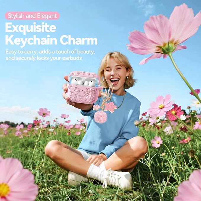 for Airpods Pro 3 Case with Magnetic Lid, Flower Engraved Case Cover Compatible with AirPods Pro 3rd Generation 2025, Soft Silicone Cases with Keychain & Cleaner for Women Girly, Shockproof