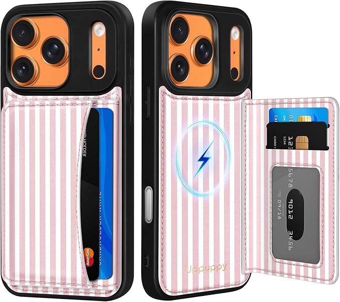 for iPhone 17 Pro Max Case with Wallet - Fits 4 Card Slots, Compatible with MagSafe for Women Aesthetic Durable PU Leather Credit Card Holder Kickstand Phone Cover for Apple 17 Promax, Stripes