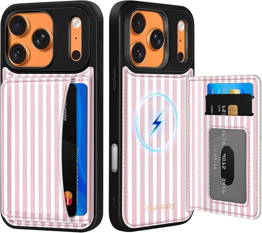 for iPhone 17 Pro Case with Wallet - Fits 4 Card Slots, Compatible with MagSafe for Women Aesthetic Durable PU Leather Credit Card Holder Kickstand Phone Cover for Apple 17 Pro, Stripes