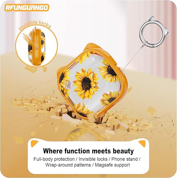 RFUNGUANGO AirPods 4 Case for Women Girly Cat Case with Lock, Phone Stand, Keychain & Cleaner Kit, Compatible with Apple Airpods 4th Generation Case Cover, Transparent Sunflower