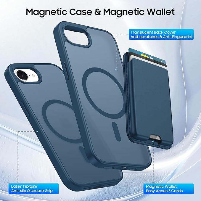 Magnetic for iPhone 17e Case & iPhone 16e Case with Detachable Wallet, Compatible with MagSafe, Military Protective Slim Phone Cover with Card Holder, Deep Blue