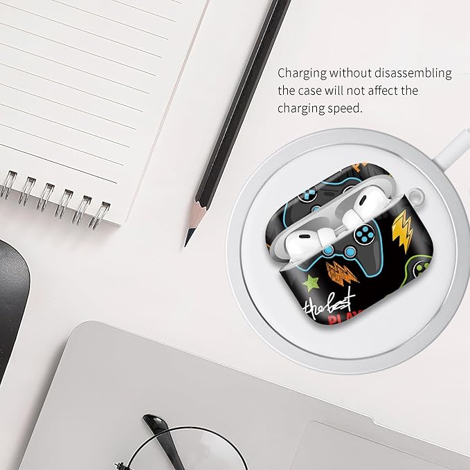 Compatible with Airpod pro 2nd/1st Generation Case Cover with Gold Round Keychain Cute Pattern Hard & Anti Slip Cover for Men Women & Girls（Game on）