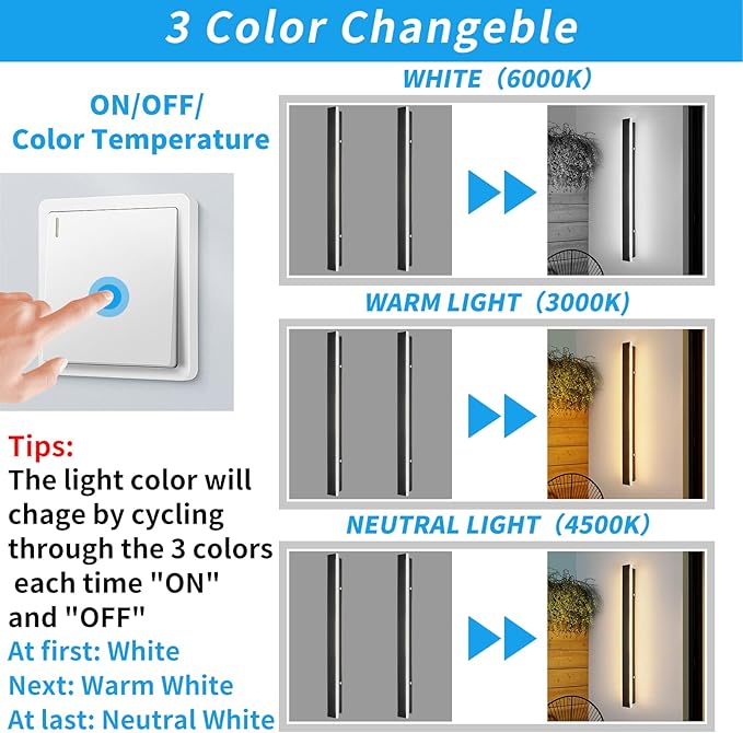 Mikeru 47.2inch Long LED Wall Light, 3000k/4500k/6000k Three Colors Switchable Modern Exterior Wall Sconces Acrylic Invisible Outdoor Lights for Porch Modern Outdoor Wall Mount Lighting for House