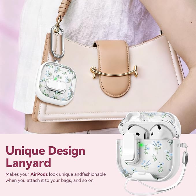 with Safety Lock for Apple AirPods 4 Case,Clear Floral Cute AirPod 4th Generation Case with Phone Stand & Cleaning Kit for Women Girly-Blue Narcissus