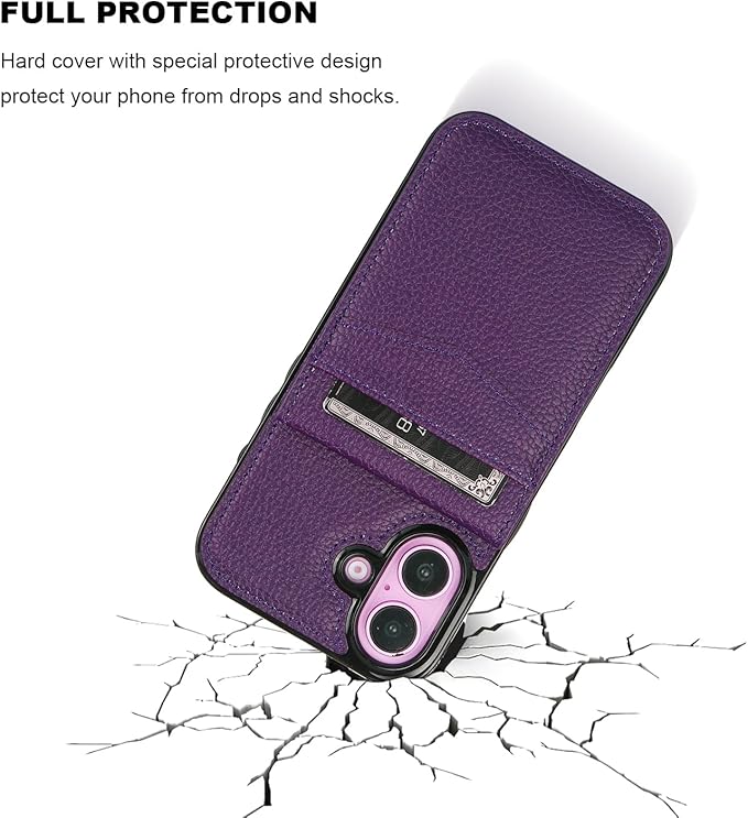 KIHUWEY Compatible with iPhone 16 Case Wallet with Credit Card Holder, Flip Premium Leather Magnetic Clasp Kickstand Heavy Duty Protective Cover for iPhone 16 6.1 Inch (Lichee Dark Purple)