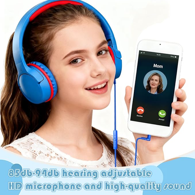 Children's Headphones with Microphone, Foldable 3.5mm Jack, USB-C Jack, Adjustable 85db/94db Volume, Suitable for Mobile Phones,Computers,Tablets,School,Airplanes,Travel (Blue and Yellow)