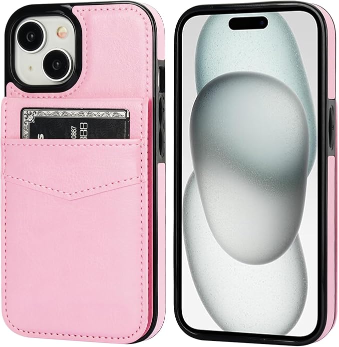 KIHUWEY Compatible with iPhone 15 Case Wallet with Credit Card Holder, Flip Premium Leather Magnetic Clasp Kickstand Heavy Duty Protective Cover for iPhone 15 6.1 Inch (Pink)