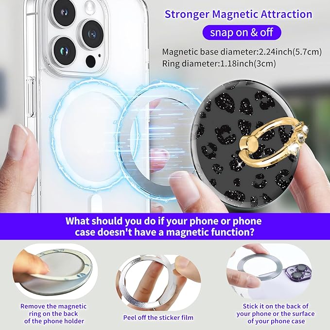 Magnetic Phone Ring Holder Compatible with MagSafe, Cute Phone Grip Stand with 360° Rotation Gold Glitter Finger Ring Kickstand Accessories for Most Phones Glitter Black Leopard