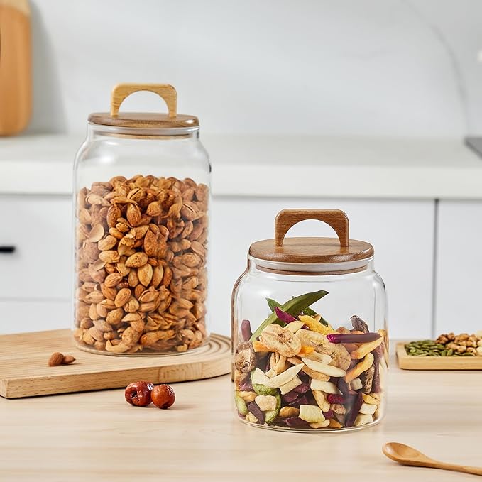 Sweejar Large Glass Candy Jars with Wooden Lids, 1 Gallon Glass Jar with Lid, Sugar/Flour Storage Containers, Big Glass Canisters with Airtight Lid, 2 Pack