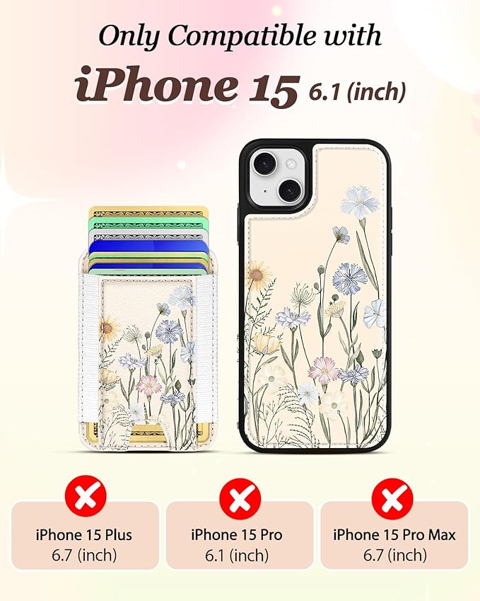 Shorogyt for iPhone 15 Wallet Case - Fits 5 Cards, Compatible with Magsafe Detachable Magnetic Credit Card Holder Leather Cardholder Cute Phone Cover Women Girls for Apple 15, Color Flower